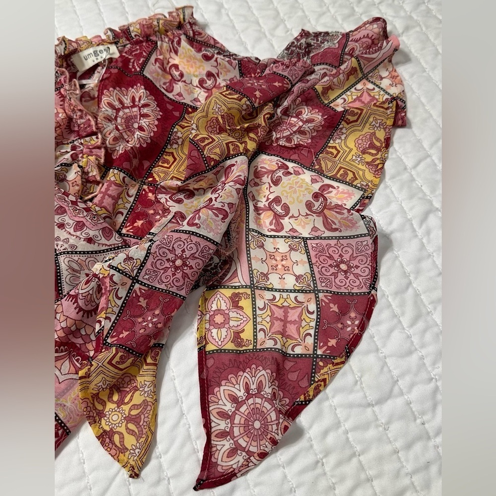 Umgee Multicolor Patchwork Blouse with Ruffle Sleeves - Picture 8 of 11
